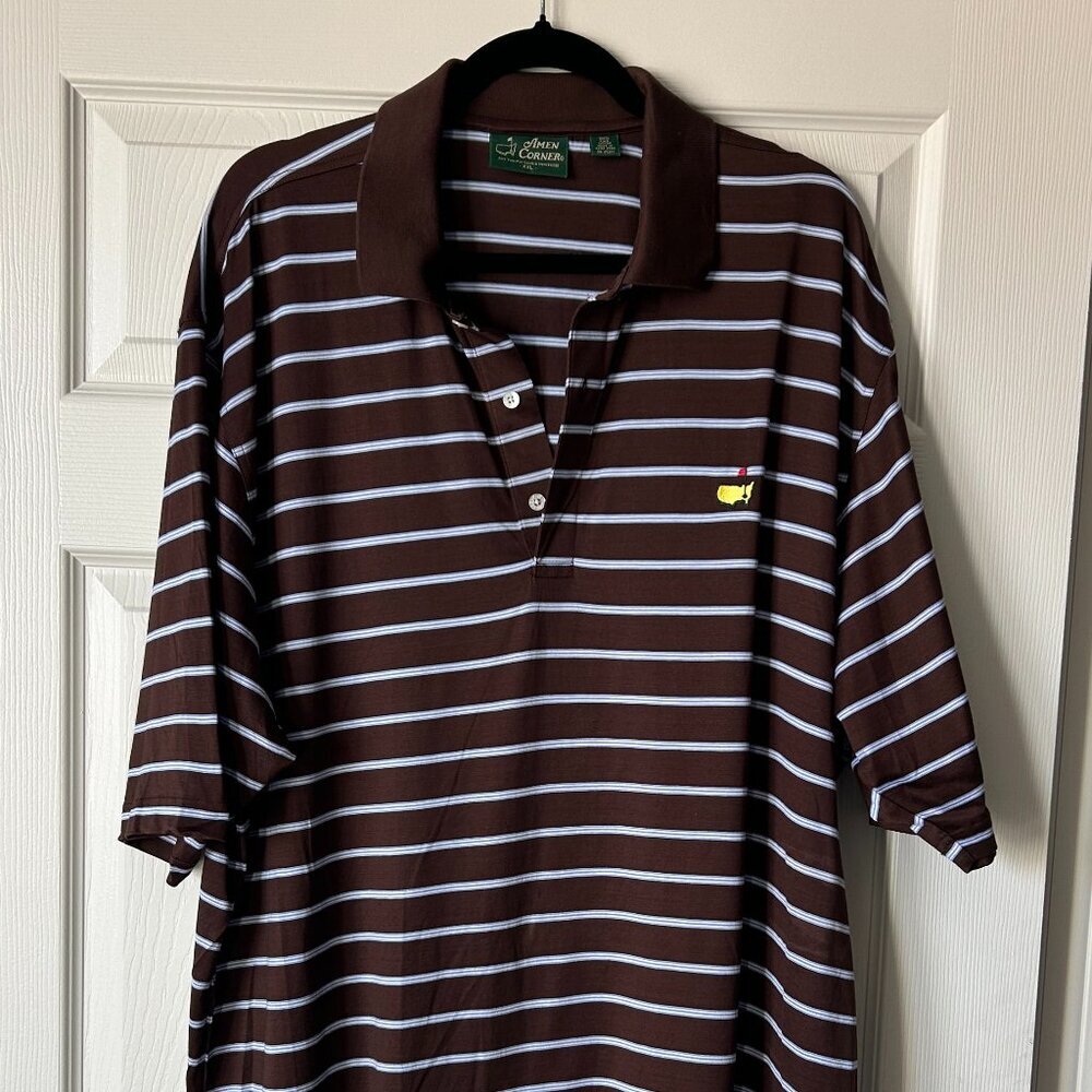 Amen Corner Polo Shirt XXL Brown Stripe Masters Golf Logo 60’s TwoPly Mercerized